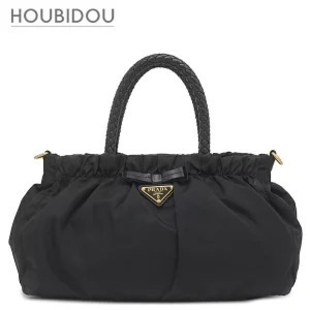 Prada Bag Plate Leather NERO Black Handbag Shoulder Tessuto